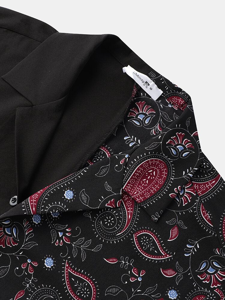 Miesten Kontrastiväriset Paisley Print Stitching Revere Collar Lyhythihaiset Paidat