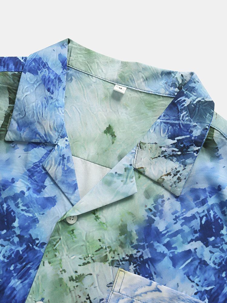 Miesten Ocean Waves Print Spliced Single Chest Pocket Hawaiian Joulupaidat