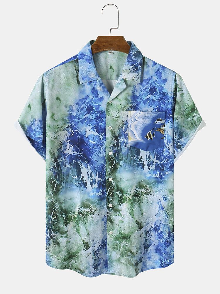 Miesten Ocean Waves Print Spliced Single Chest Pocket Hawaiian Joulupaidat