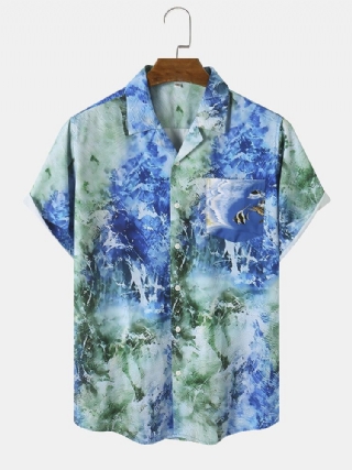 Miesten Ocean Waves Print Spliced Single Chest Pocket Hawaiian Joulupaidat