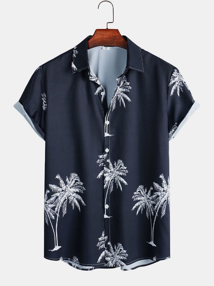 Miesten Palm Tree Print Button Up Holiday Lyhythihaiset Paidat