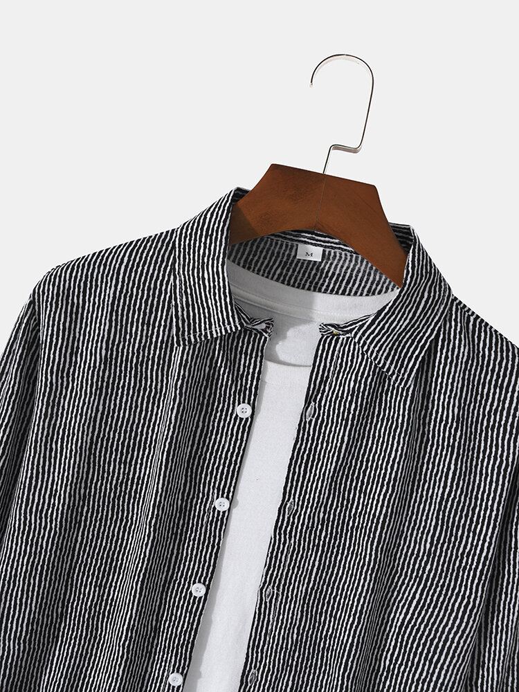 Miesten Puuvillainen Pinstripe Button Up-kantinen Pitkähihainen Paita