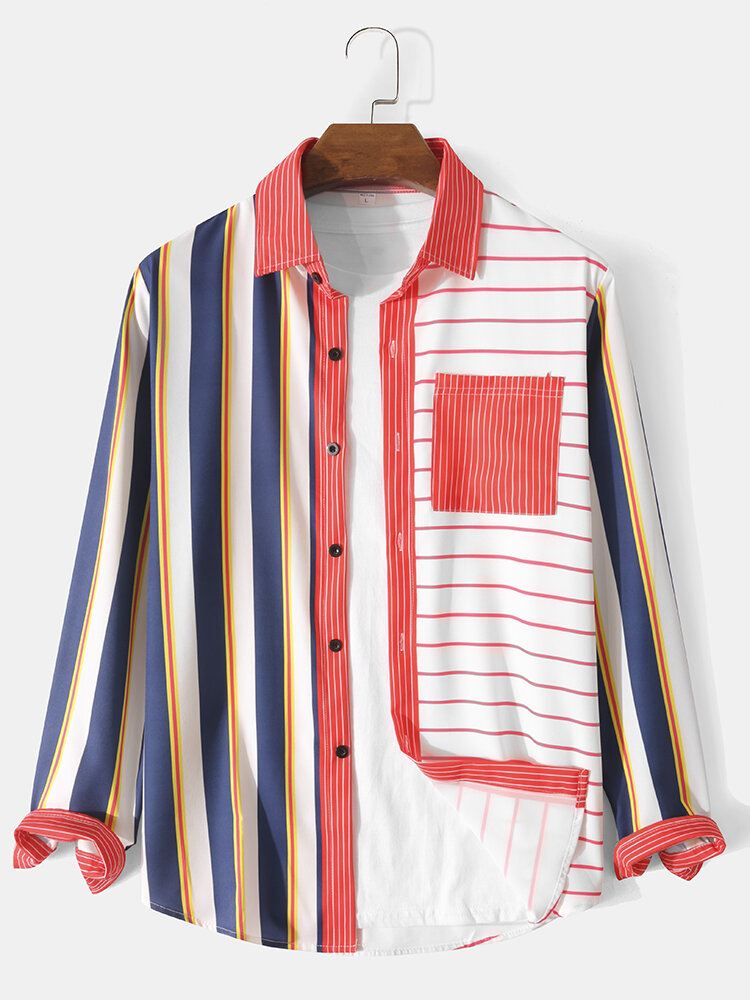 Miesten Stripe Patchwork Button Up Rennot Pitkähihaiset Paidat