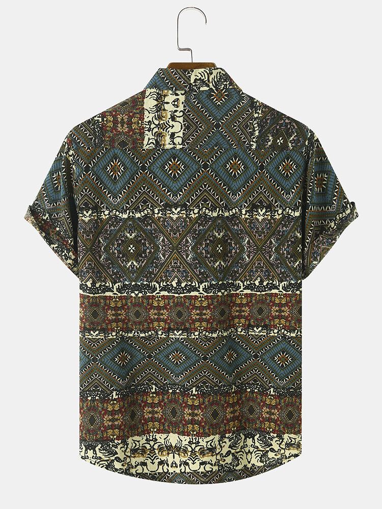 Miesten Tribal Print Patchwork Lapel Button Up Helma Cuff Vapaa-ajan Paidat