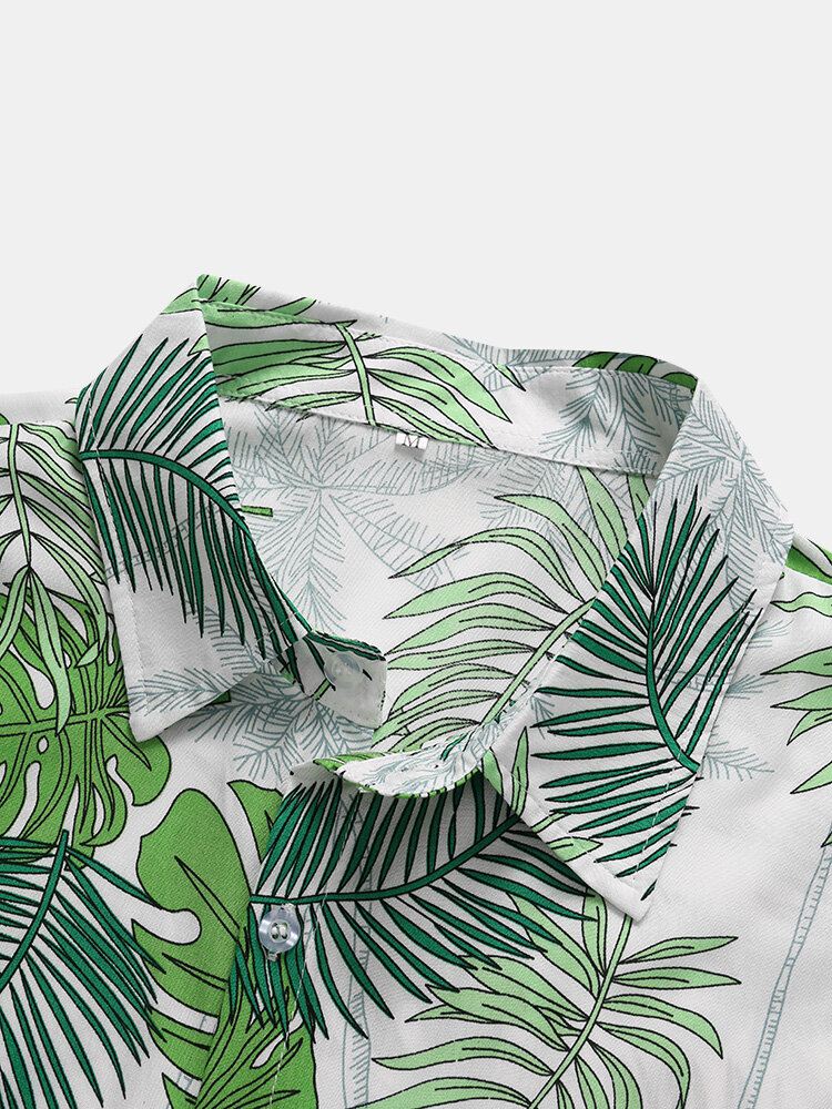 Miesten Tropical Leaf Graafinen Kaareva Helma Lyhythihaiset Graceful Pehmeät Paidat