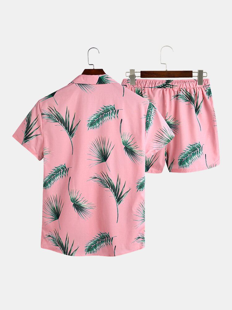 Miesten Tropical Leaf Print Lomatyyli Rento Paidat Setit