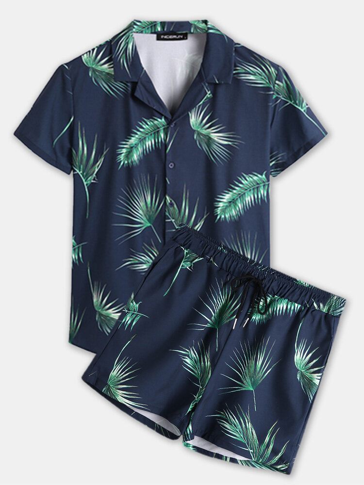 Miesten Tropical Leaf Print Lomatyyli Rento Paidat Setit