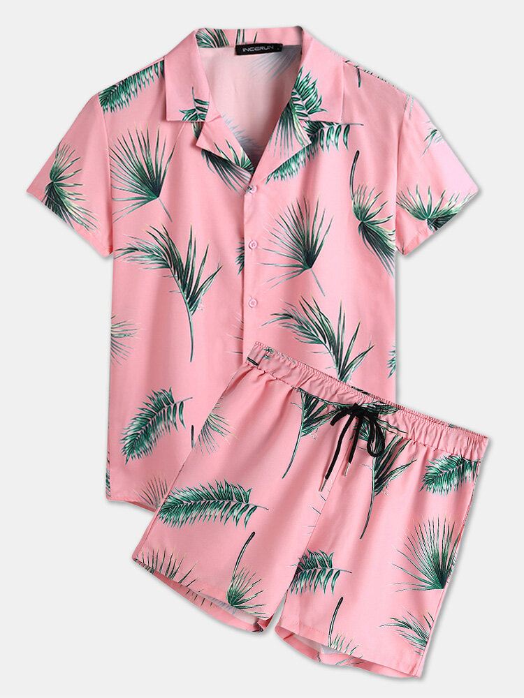 Miesten Tropical Leaf Print Lomatyyli Rento Paidat Setit