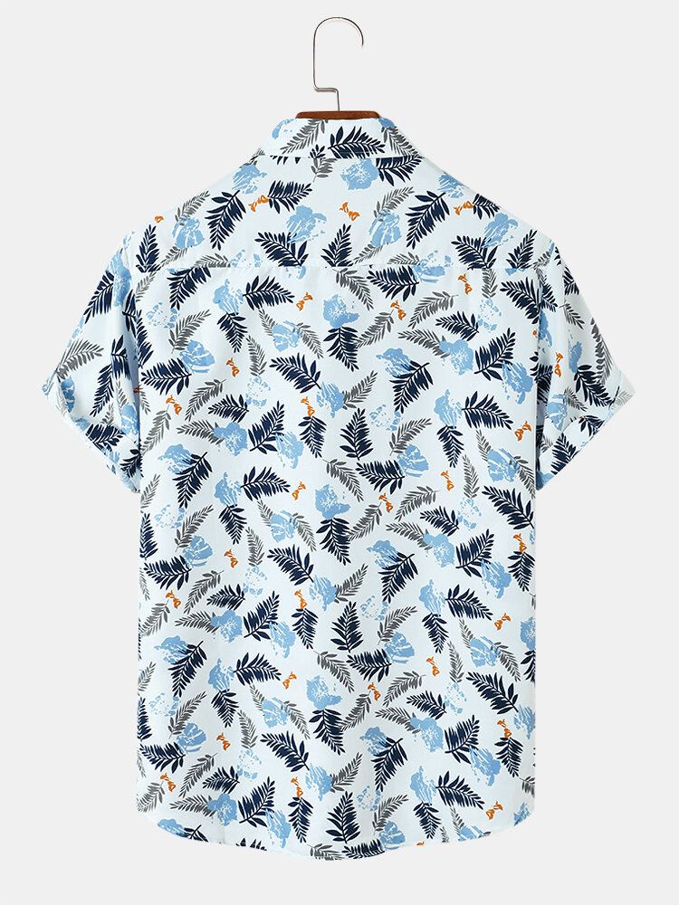 Miesten Tropical Leave Print Käänne Normaali Fit Holiday Rento Lyhythihaiset Paidat