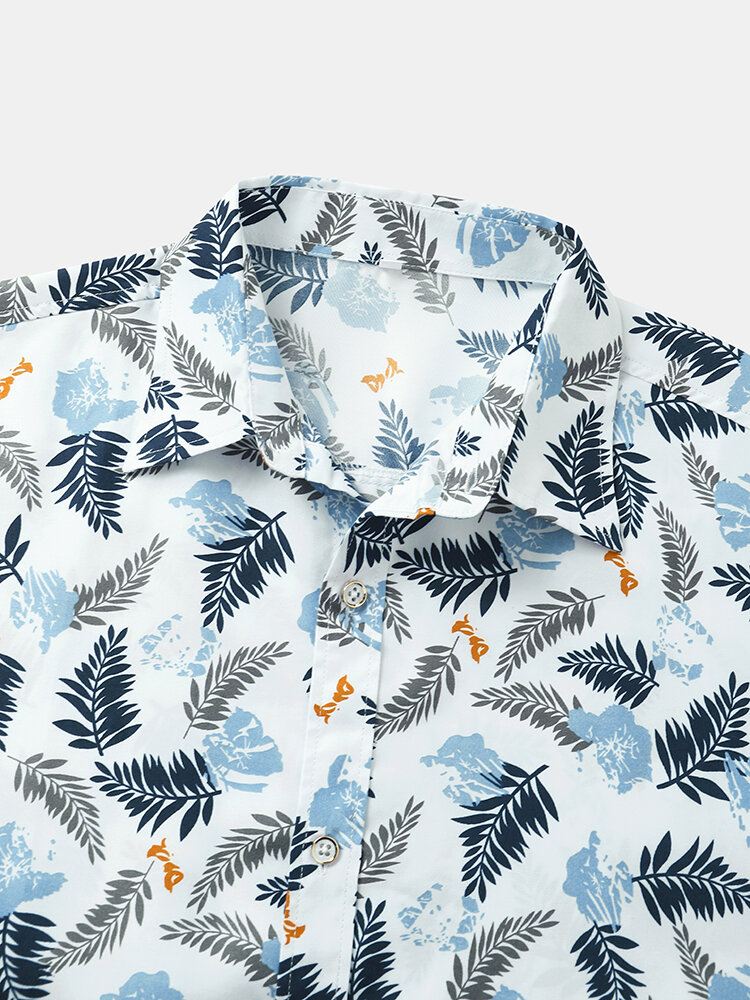 Miesten Tropical Leave Print Käänne Normaali Fit Holiday Rento Lyhythihaiset Paidat