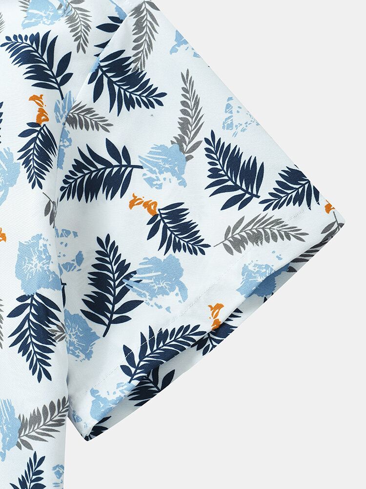 Miesten Tropical Leave Print Käänne Normaali Fit Holiday Rento Lyhythihaiset Paidat