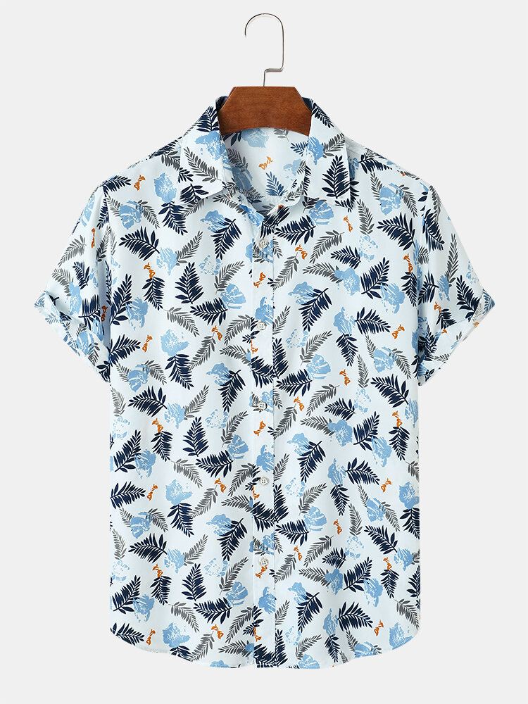 Miesten Tropical Leave Print Käänne Normaali Fit Holiday Rento Lyhythihaiset Paidat