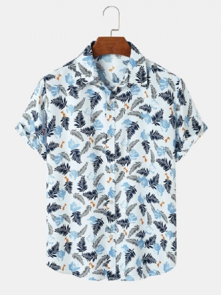 Miesten Tropical Leave Print Käänne Normaali Fit Holiday Rento Lyhythihaiset Paidat