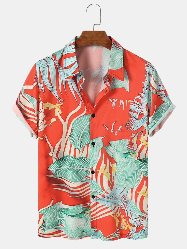 Miesten Tropical Leaves Print Contrast Color Lyhythihaiset Paidat