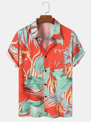 Miesten Tropical Leaves Print Contrast Color Lyhythihaiset Paidat