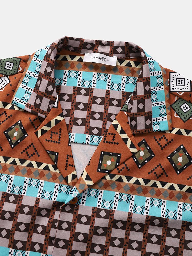 Miesten Vintage Geometric Print Revere Collar Lyhythihaiset Paidat