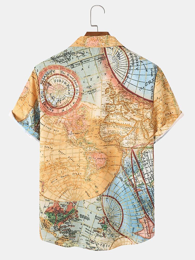 Miesten Vintage World Map Print Button Up Lyhythihaiset Paidat