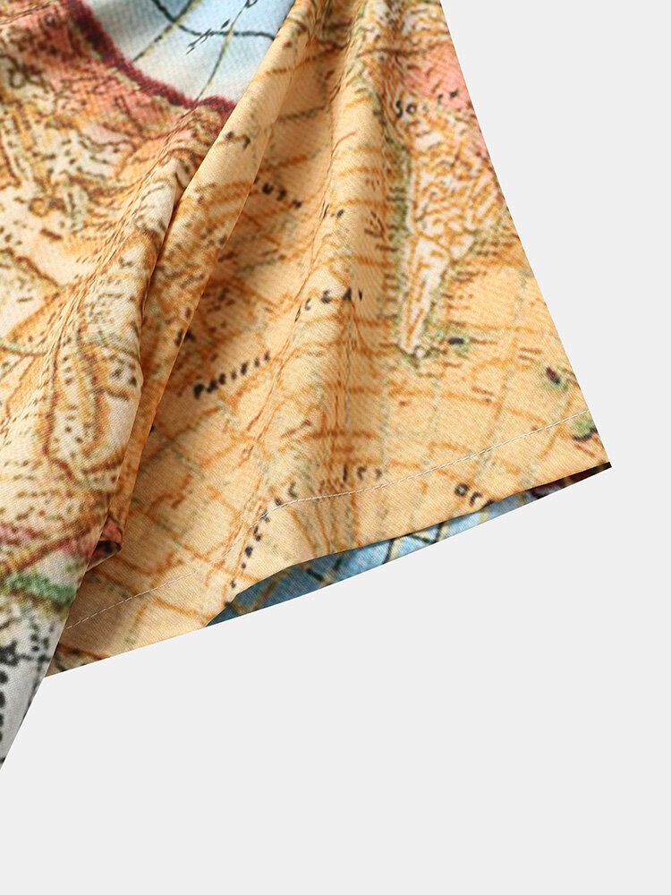 Miesten Vintage World Map Print Button Up Lyhythihaiset Paidat