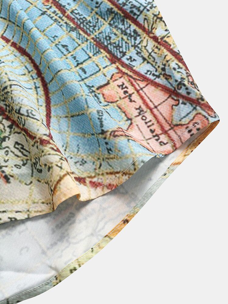 Miesten Vintage World Map Print Button Up Lyhythihaiset Paidat