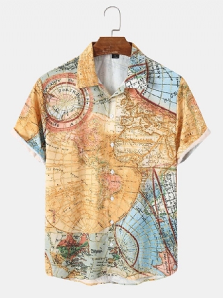 Miesten Vintage World Map Print Button Up Lyhythihaiset Paidat