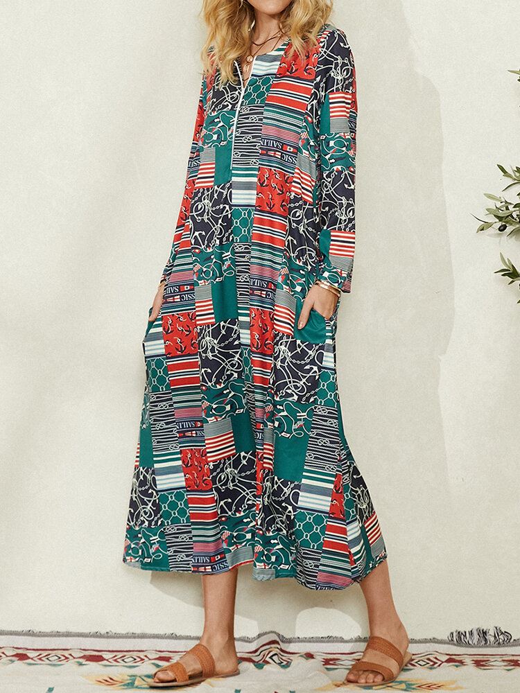 Naisten Colorblock Geometric Print Side Pocket Vintage Maxi-mekko