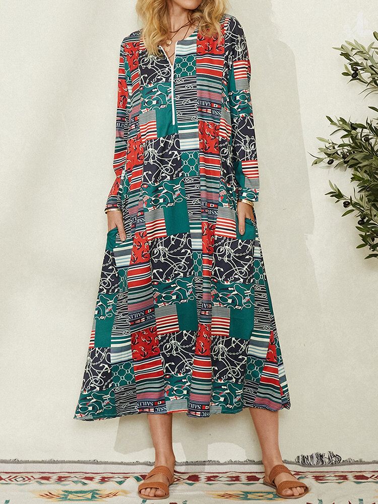 Naisten Colorblock Geometric Print Side Pocket Vintage Maxi-mekko