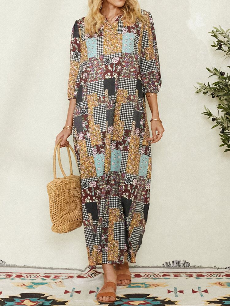 Naisten Colorblock Kukkainen Ruudullinen Vintage Maxi-mekko Taskulla