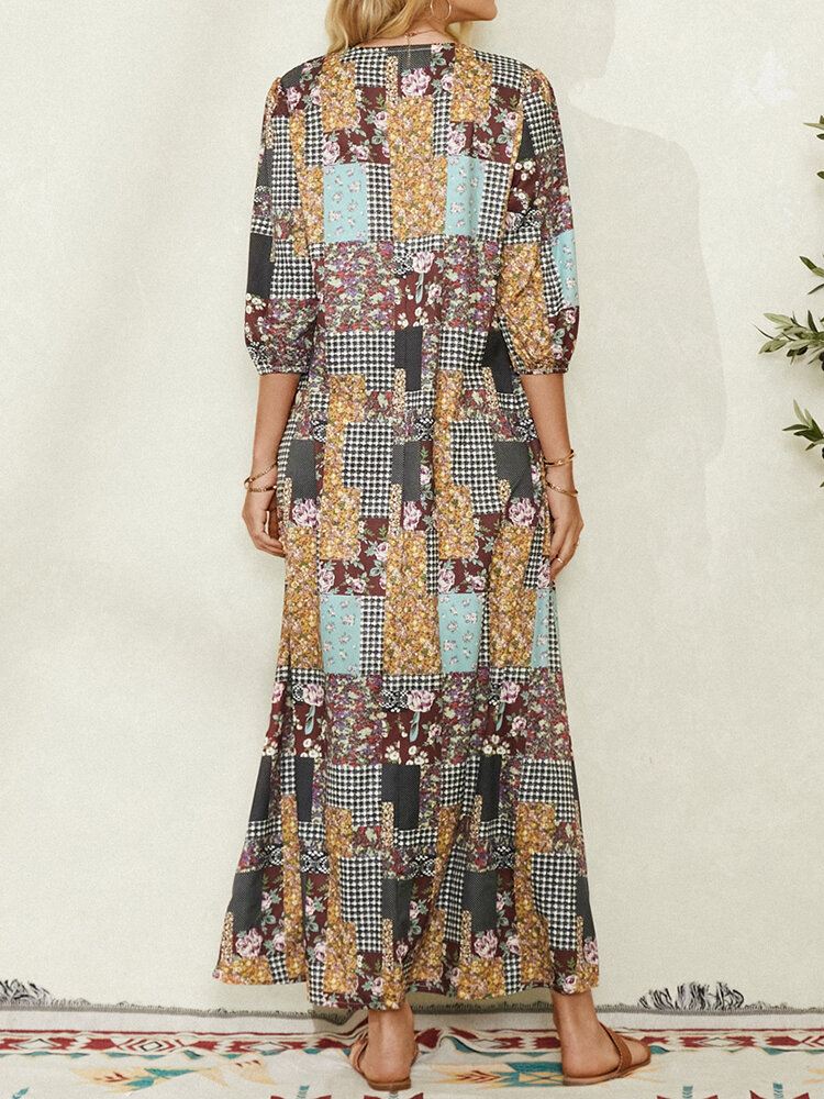 Naisten Colorblock Kukkainen Ruudullinen Vintage Maxi-mekko Taskulla