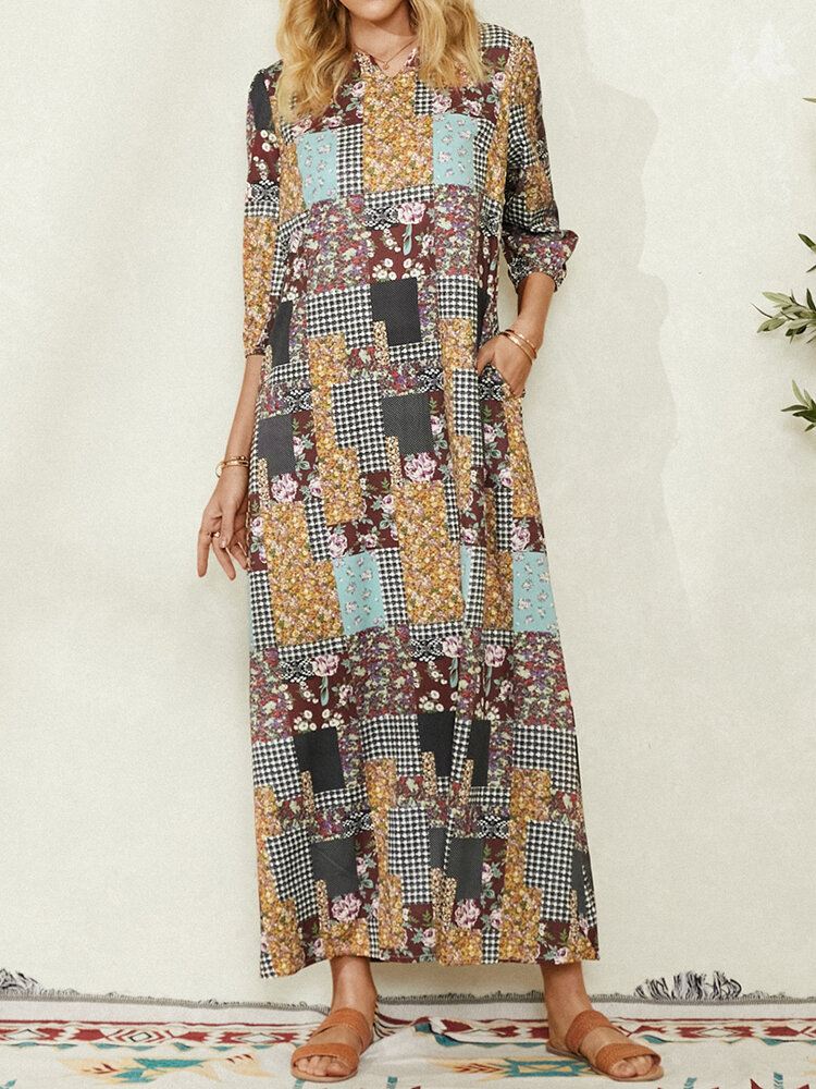 Naisten Colorblock Kukkainen Ruudullinen Vintage Maxi-mekko Taskulla