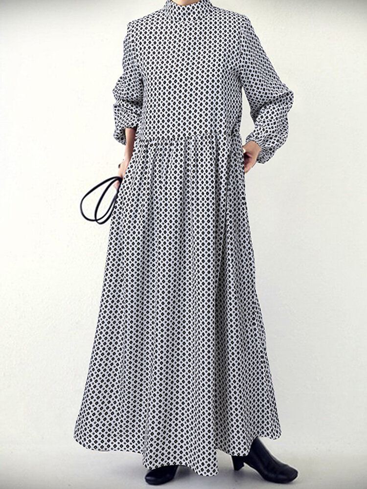 Naisten Diamond Print Swing Puff Sleeve Maxi-mekko Jossa Sivutasku