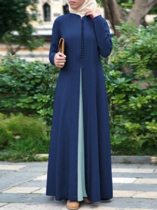 Naisten Kontrastiväri Tikkaus Bohemian Button Pitkähihainen Muslimi Maxi Mekko Abaya Kaftan