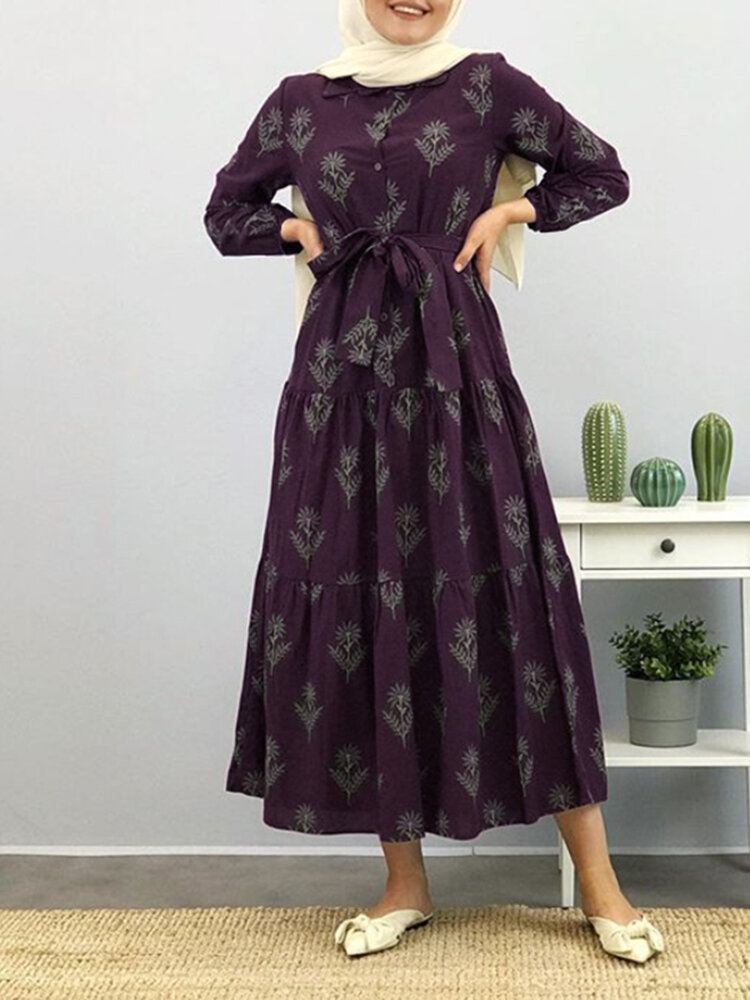 Naisten Kukkakuvioinen Käänne Puhvihihainen Kaftan Maxi-mekko Vyöllä