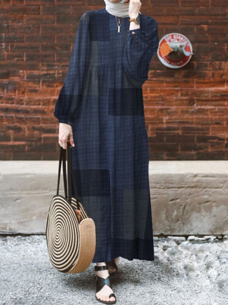 Naisten Retro Grid Print O-kaula Puhvihihainen Kaftan Maxi Mekko