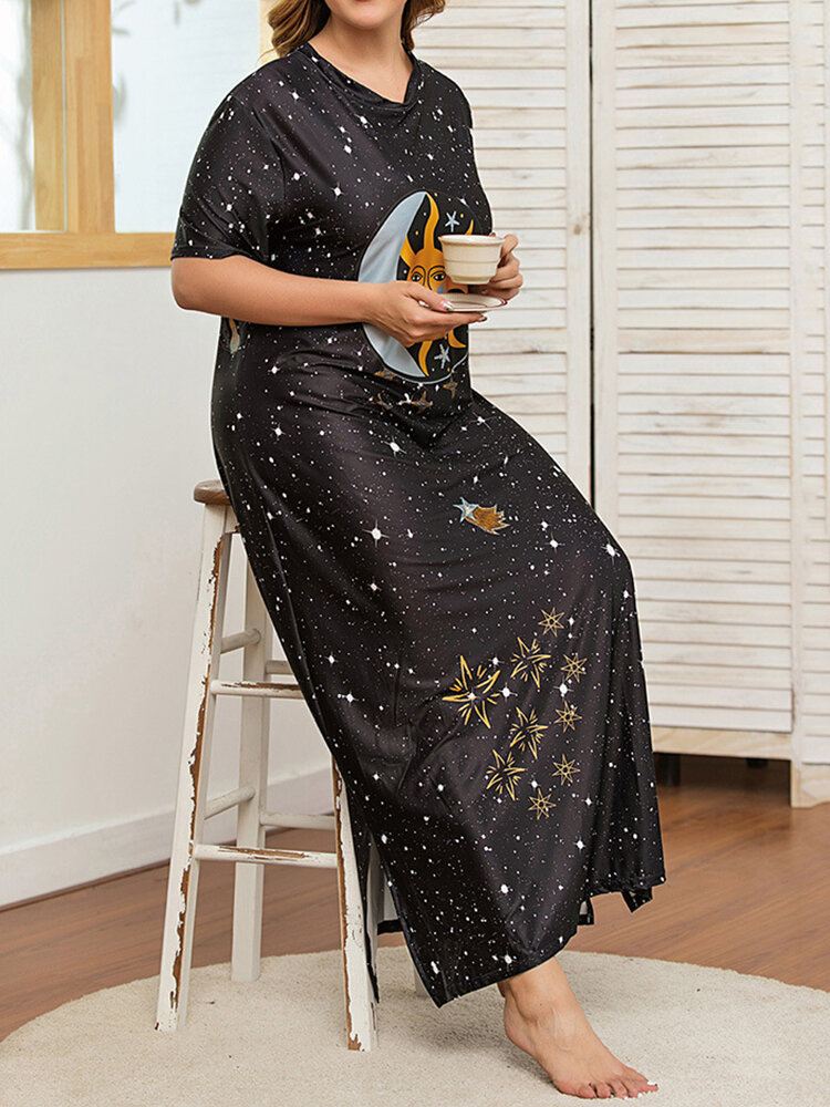 Plus Size Galaxy Print Lyhythihainen Pyöreäkaula-aukoinen Pitkä Mekko