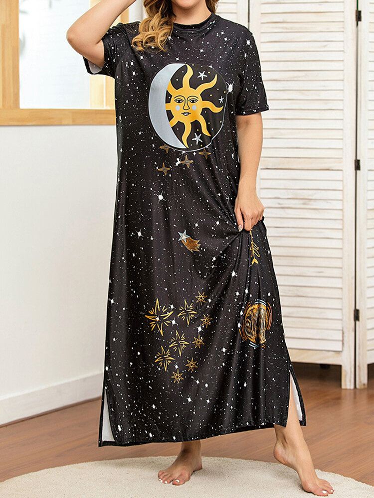 Plus Size Galaxy Print Lyhythihainen Pyöreäkaula-aukoinen Pitkä Mekko