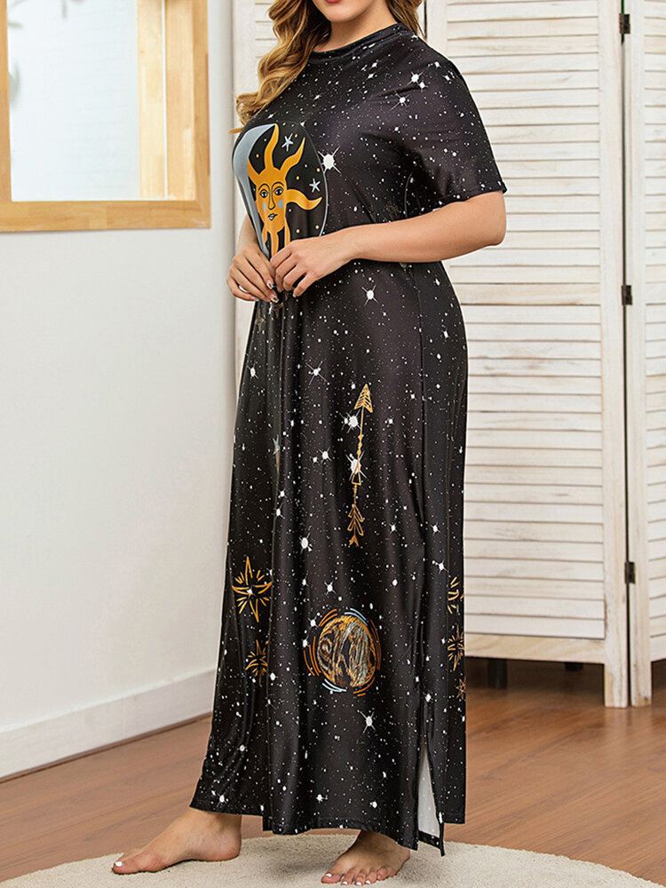 Plus Size Galaxy Print Lyhythihainen Pyöreäkaula-aukoinen Pitkä Mekko