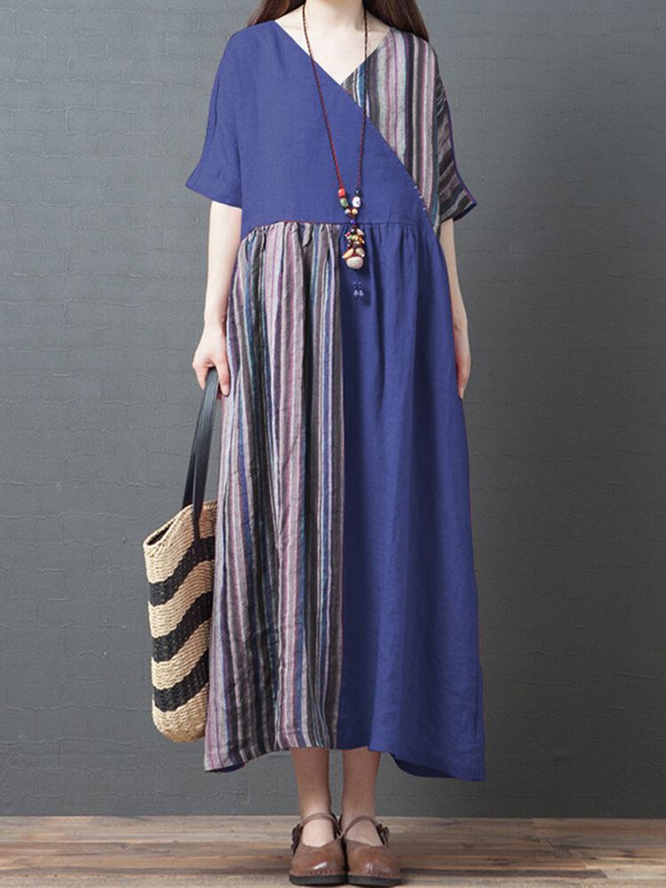 Stripe Patchwork V-pääntie Puolihihainen Tasku Vintage Maxi Mekko