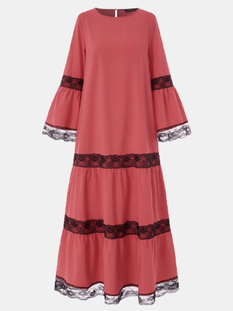 Värillinen Pitsi O-kaula-aukkoinen Pitkähihainen Kerrostettu Kaftan Causal Maxi Mekko