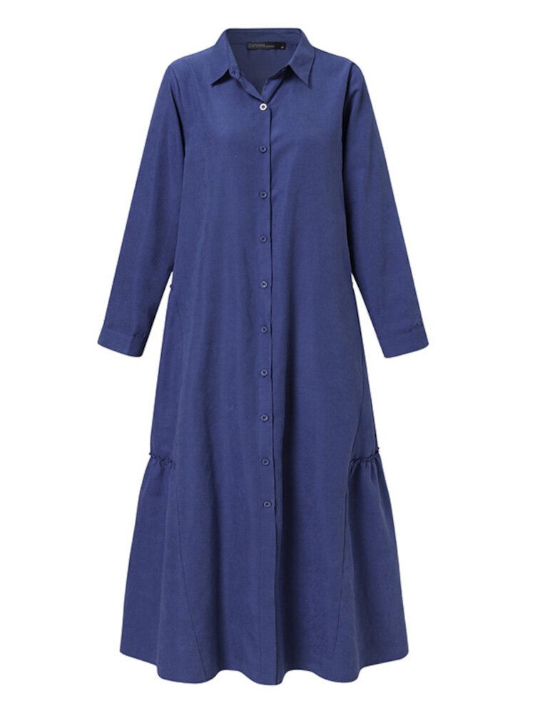 Yksivärinen Retro-napillinen Käänne Pitkähihainen Rento Muslimi Mekko Abaya Kaftan Naisille