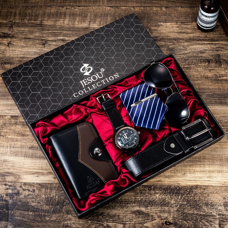 5 Kpl / Setti Business Gift Kit Chronograph Miesten Kvartsikello Rannekello Vyö Lompakko Lasit Solmio