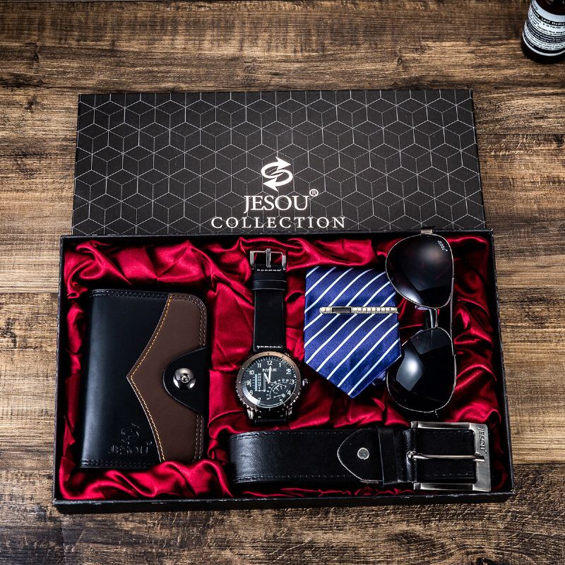 5 Kpl / Setti Business Gift Kit Chronograph Miesten Kvartsikello Rannekello Vyö Lompakko Lasit Solmio