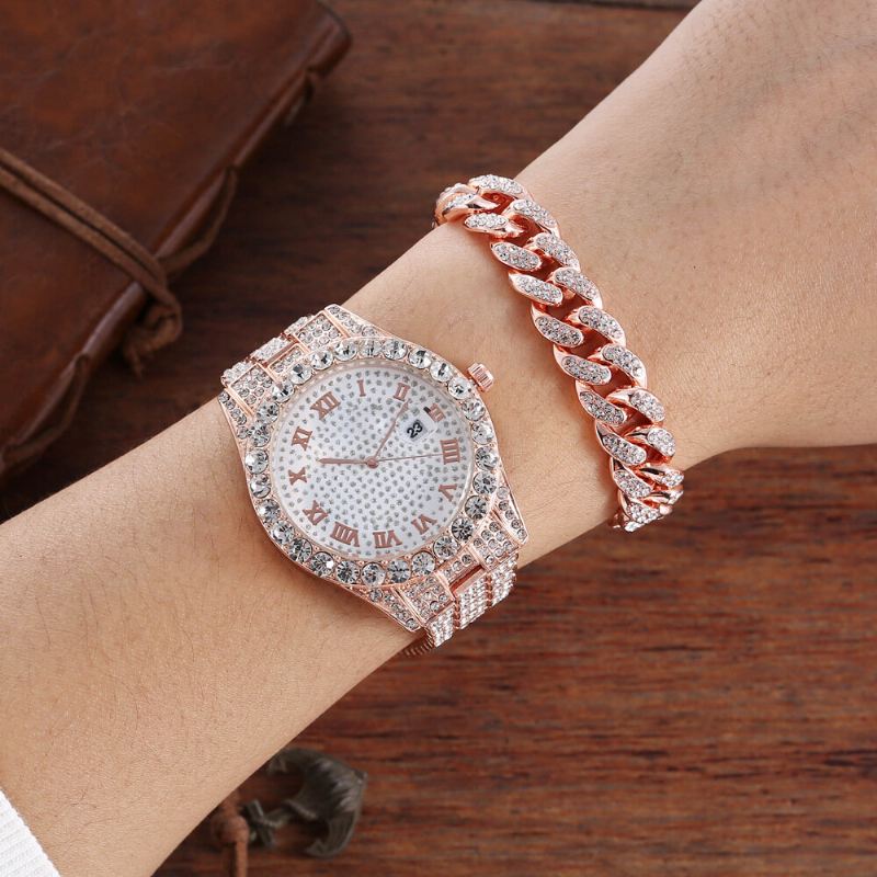 Hip Hop Luxury 2 Kpl Hip-hop-ketju Täystimanttikello Rannekoru Lady Quartz Watch