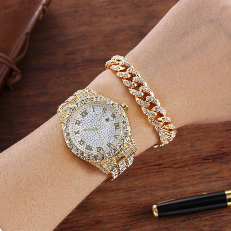 Hip Hop Luxury 2 Kpl Hip-hop-ketju Täystimanttikello Rannekoru Lady Quartz Watch