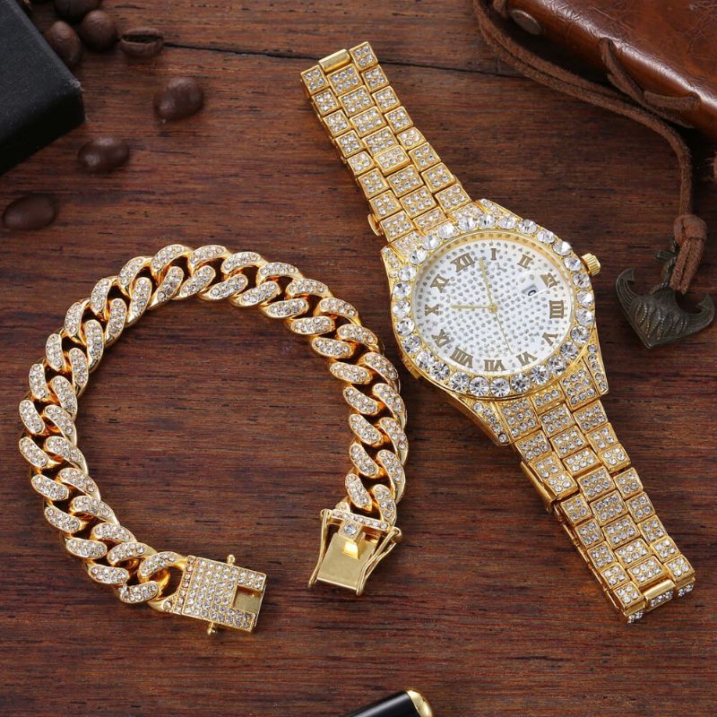 Hip Hop Luxury 2 Kpl Hip-hop-ketju Täystimanttikello Rannekoru Lady Quartz Watch