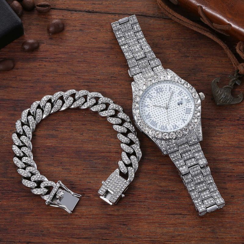 Hip Hop Luxury 2 Kpl Hip-hop-ketju Täystimanttikello Rannekoru Lady Quartz Watch