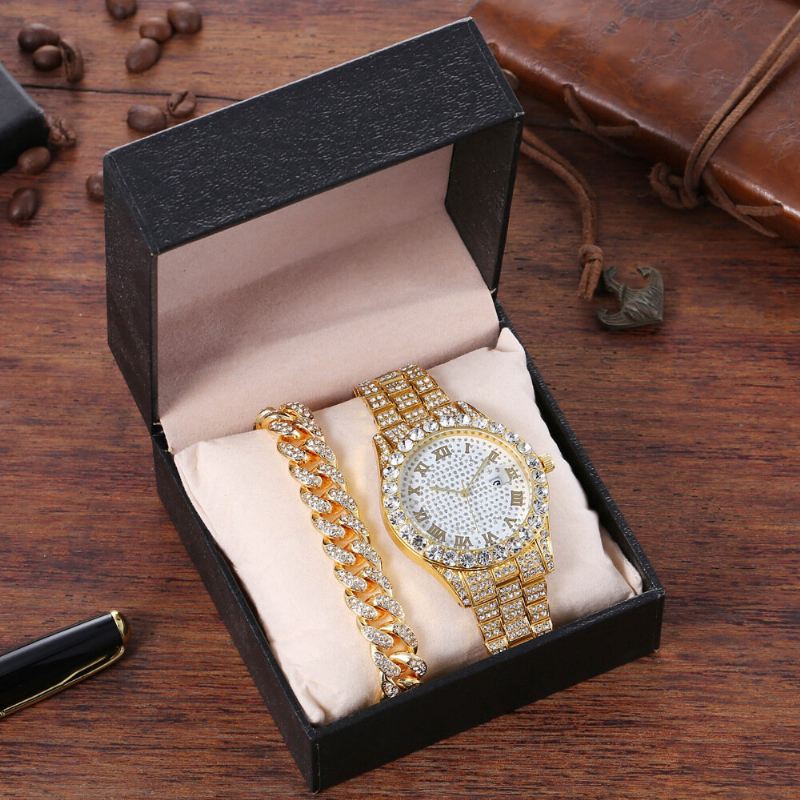 Hip Hop Luxury 2 Kpl Hip-hop-ketju Täystimanttikello Rannekoru Lady Quartz Watch