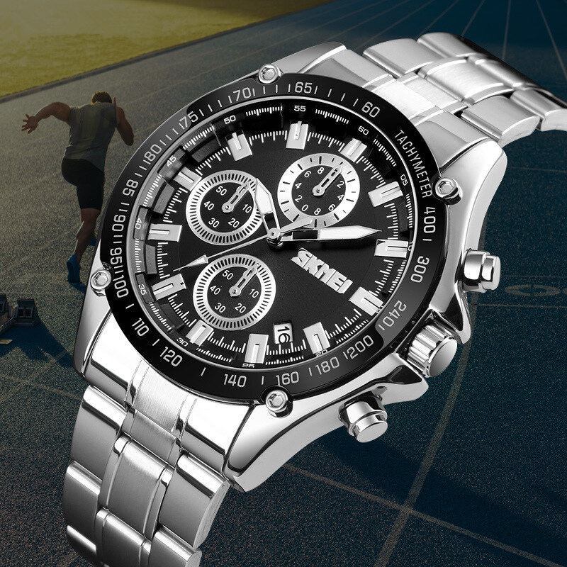 Miesten Ruostumattomasta Teräksestä Valmistettu Rannekello Running Seconds Chronograph Waterproof Business Quartz Watch