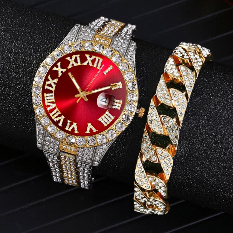 Muoti 2 Kpl/setti Metalliseos Diamond Business Watch Koristeltu Pointer Quartz Watch Rannekoru