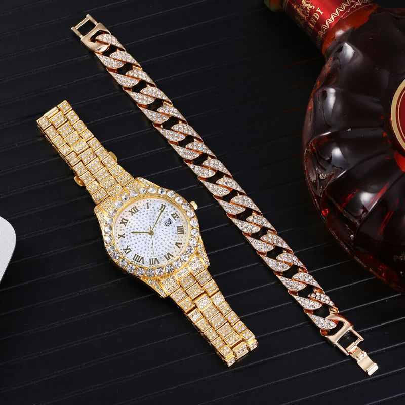 Muoti 2 Kpl/setti Metalliseos Diamond Business Watch Koristeltu Pointer Quartz Watch Rannekoru