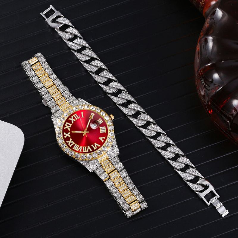 Muoti 2 Kpl/setti Metalliseos Diamond Business Watch Koristeltu Pointer Quartz Watch Rannekoru